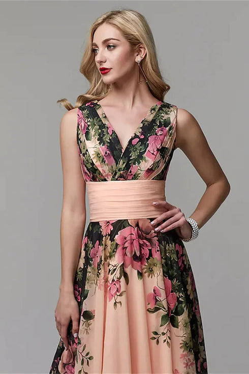 Glamorous Floral V-Neck, A-Line Pleated Empire Waist, Large Swing Stunning Prom, Party, Wedding Guest Floor Length Maxi Dress