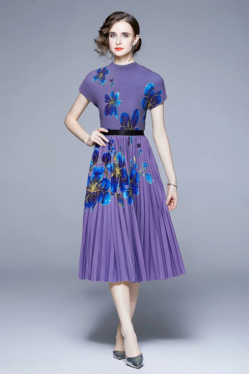 Ablaze & Vivid Autumn Fashion Purple Floral 2- Pcs Set, Top + Pleated Skirt, Stretchable Fabric, O-Neck, Short Sleeve Vintage Office, Holiday, Evening Women Dress