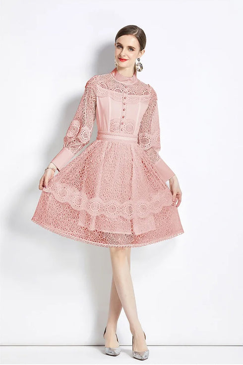 French Style Babelicious Pink Exquisite Crochet Lace, Stand Collar, Long Sleeve Cocktail, Party, Wedding Guest, Prom Dress