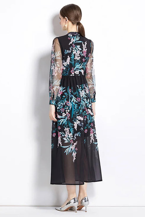 Gorgeous Floral Vintage Women's Maxi Dress, Mock Neck, Ruffled Trim, Long Sleeves, Chiffon Party, Cocktail, Festive Vestidos