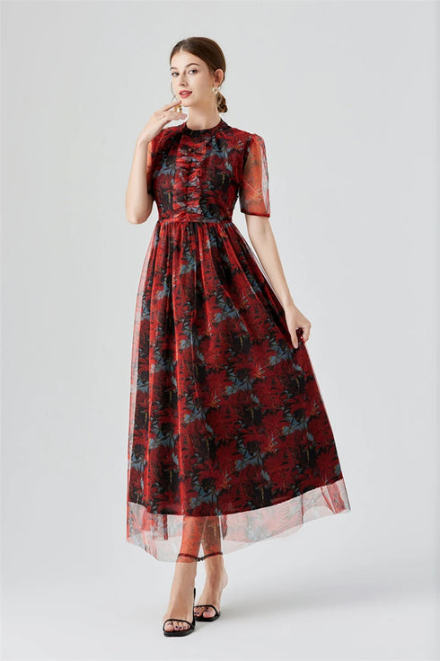 Retro Floral Print Mesh Sheer Elegant Short Sleeve Ruffled Cocktail, Party, Wedding Guest Vestidos Dress