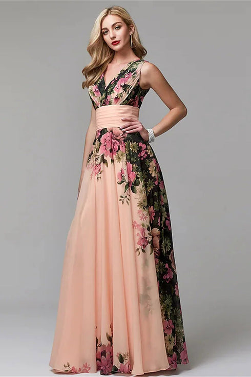 Glamorous Floral V-Neck, A-Line Pleated Empire Waist, Large Swing Stunning Prom, Party, Wedding Guest Floor Length Maxi Dress