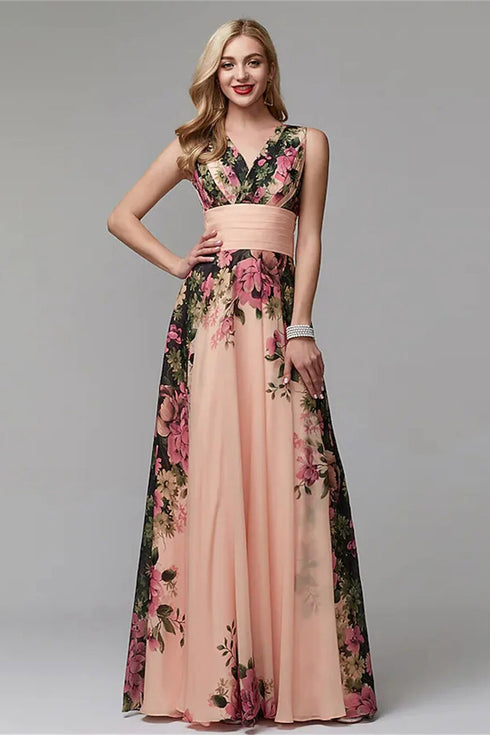 Glamorous Floral V-Neck, A-Line Pleated Empire Waist, Large Swing Stunning Prom, Party, Wedding Guest Floor Length Maxi Dress