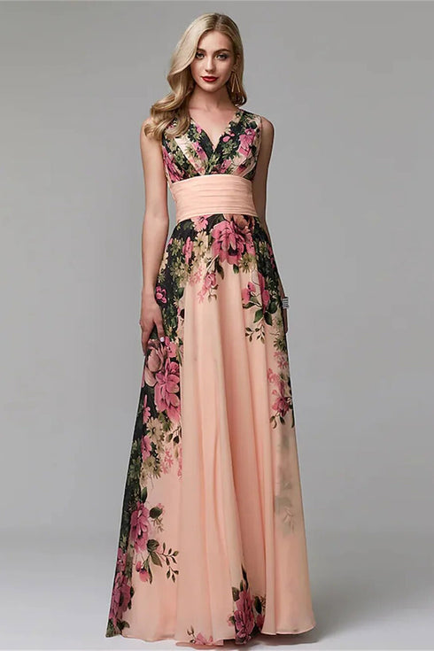 Glamorous Floral V-Neck, A-Line Pleated Empire Waist, Large Swing Stunning Prom, Party, Wedding Guest Floor Length Maxi Dress