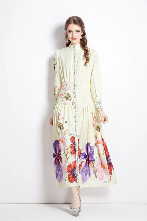 Runway Fashion Autumn Floral Print Mock Neck, Long Lantern Sleeve, Belted, Ruffled Cocktail, Party, Festive Long Maxi Dress