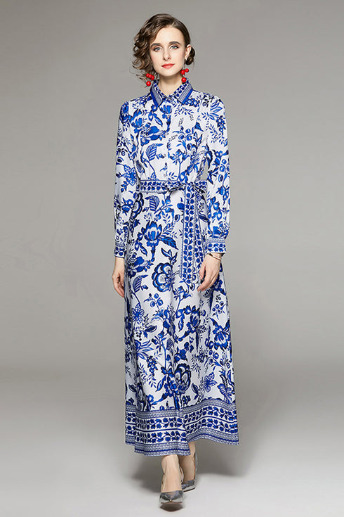 Charming & Vivid Fall Fashion Vintage Porcelain Art Print, A-Line, Collared, Long Sleeve, Belted Office, Party long Women Dress