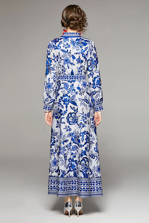 Charming & Vivid Fall Fashion Vintage Porcelain Art Print, A-Line, Collared, Long Sleeve, Belted Office, Party long Women Dress