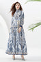 You Spin Me Around Fall Vintage Blue Paisley Pattern Stand Collar, Puff Long Sleeve Party, Festive Flowy Maxi Dress