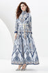 You Spin Me Around Fall Vintage Blue Paisley Pattern Stand Collar, Puff Long Sleeve Party, Festive Flowy Maxi Dress