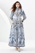 You Spin Me Around Fall Vintage Blue Paisley Pattern Stand Collar, Puff Long Sleeve Party, Festive Flowy Maxi Dress