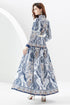 You Spin Me Around Fall Vintage Blue Paisley Pattern Stand Collar, Puff Long Sleeve Party, Festive Flowy Maxi Dress