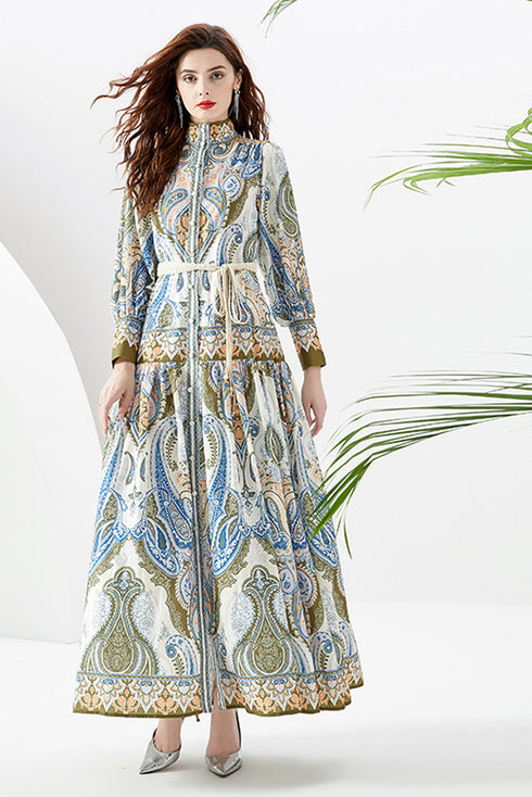 You Spin Me Around Fall Vintage Blue Paisley Pattern Stand Collar, Puff Long Sleeve Party, Festive Flowy Maxi Dress