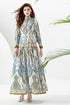 You Spin Me Around Fall Vintage Blue Paisley Pattern Stand Collar, Puff Long Sleeve Party, Festive Flowy Maxi Dress