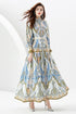 You Spin Me Around Fall Vintage Blue Paisley Pattern Stand Collar, Puff Long Sleeve Party, Festive Flowy Maxi Dress