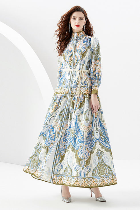 You Spin Me Around Fall Vintage Blue Paisley Pattern Stand Collar, Puff Long Sleeve Party, Festive Flowy Maxi Dress