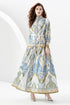 You Spin Me Around Fall Vintage Blue Paisley Pattern Stand Collar, Puff Long Sleeve Party, Festive Flowy Maxi Dress