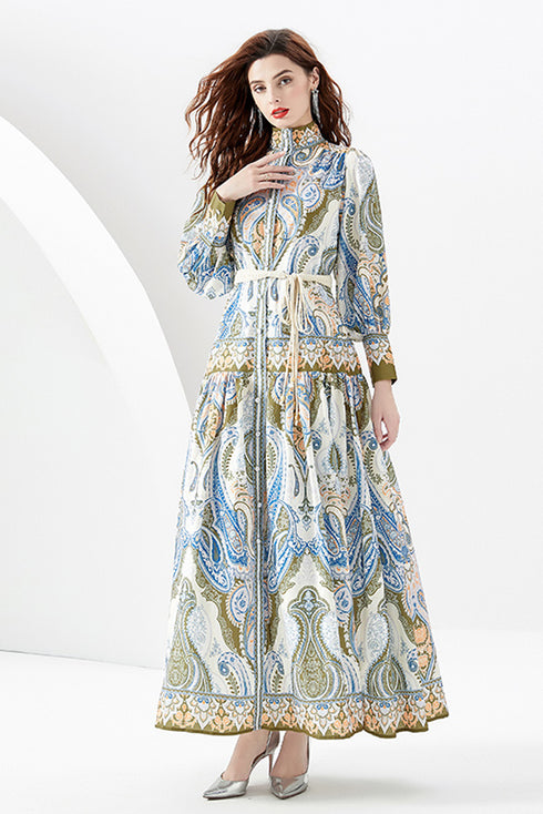 You Spin Me Around Fall Vintage Blue Paisley Pattern Stand Collar, Puff Long Sleeve Party, Festive Flowy Maxi Dress
