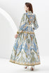 You Spin Me Around Fall Vintage Blue Paisley Pattern Stand Collar, Puff Long Sleeve Party, Festive Flowy Maxi Dress