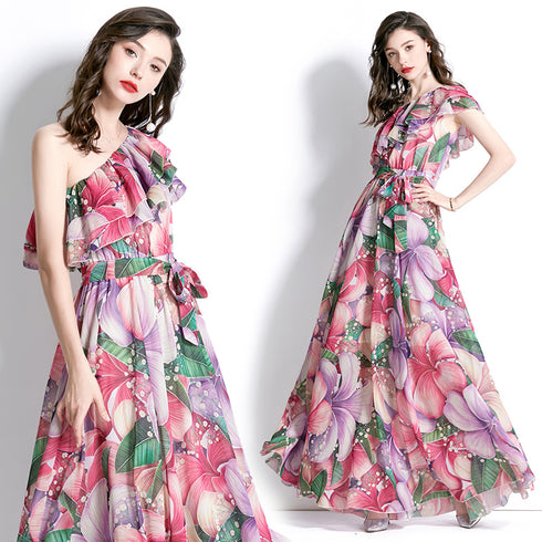 Sparkling Eye Catching Floral Print, Ruffled, One Shoulder Bohemian Ladies Party, Cocktail, Holiday, Wedding Guest Fairy Maxi Dress