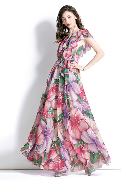 Sparkling Eye Catching Floral Print, Ruffled, One Shoulder Bohemian Ladies Party, Cocktail, Holiday, Wedding Guest Fairy Maxi Dress