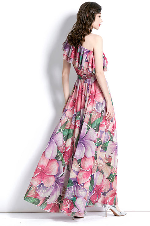 Sparkling Eye Catching Floral Print, Ruffled, One Shoulder Bohemian Ladies Party, Cocktail, Holiday, Wedding Guest Fairy Maxi Dress