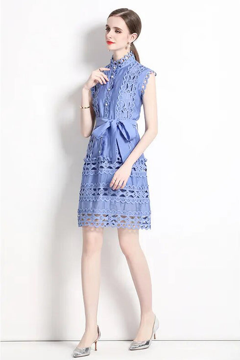 Magnificent & Exquisite Crochet Hollow Lace Dress, Mock Neck, Belted, Delicate A-line Prom, Party, Wedding Guest Dress