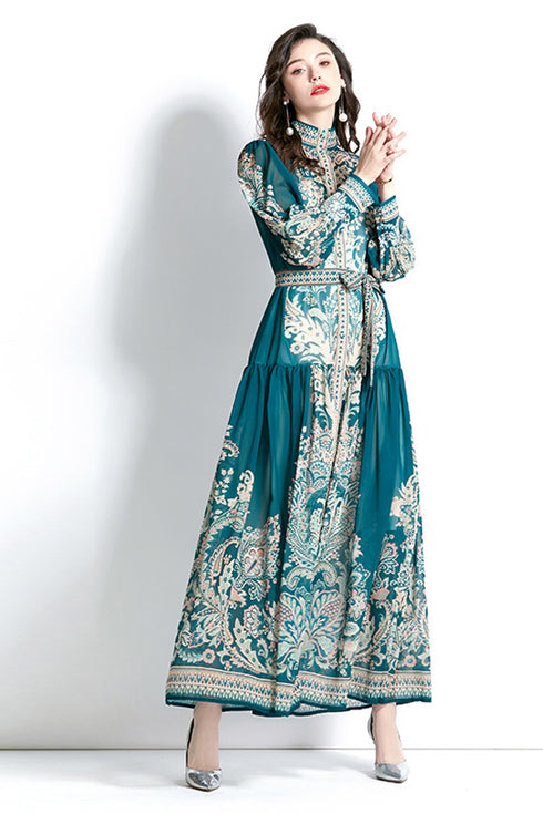 Bright & Elegant Paisley Pattern Long Puff Sleeve, Mock Neck Belted, Women's Long Modest Holiday, Party, Evening, Festive Maxi Dress