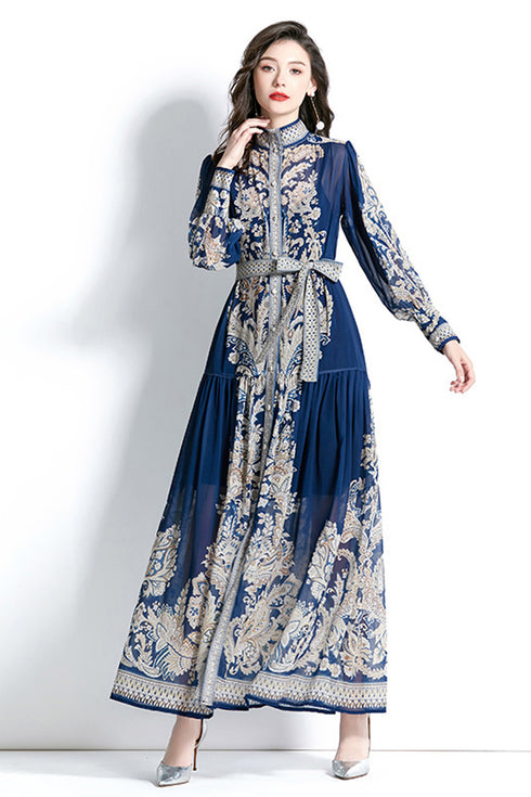 Bright & Elegant Paisley Pattern Long Puff Sleeve, Mock Neck, Belted, Women Long Modest Holiday, Party, Evening, Festive Maxi Dress - Navy