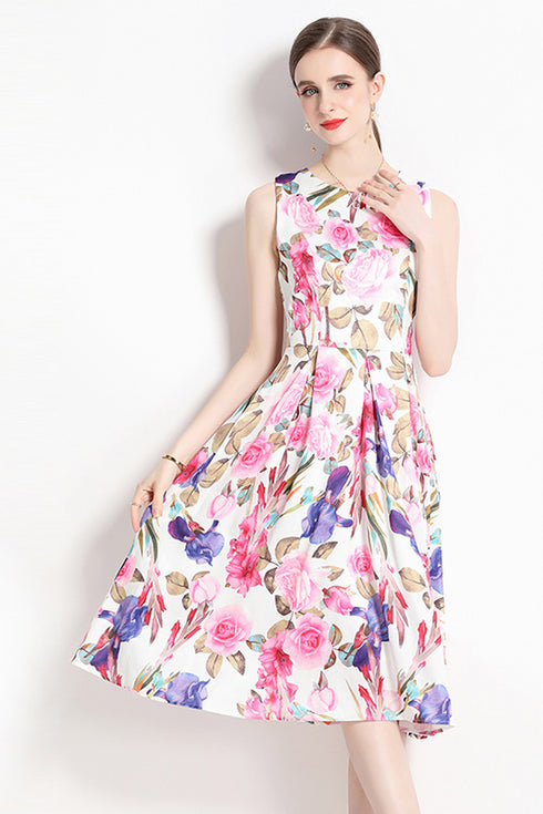 Adorable & Mesmerizing Floral Print Bohemian Jacquard O-Neck Sleeveless Chic Women Slim Midi Beach Holiday, Party, Cocktail, Wedding Guest, Prom Dress