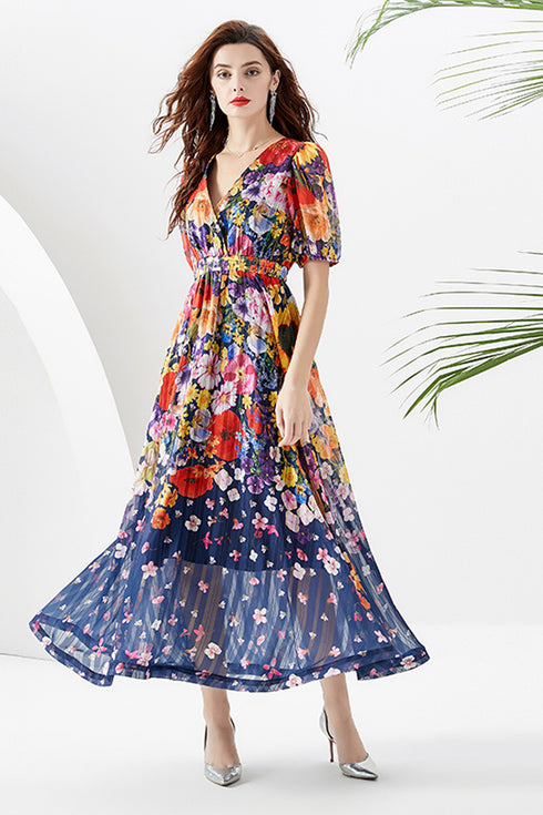 Vintage Floral Chiffon Bohemian V-Neck Long Maxi Dress