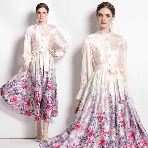 Glamorous Pink Vintage Silk Stand-Up Collar, Long Sleeve, Belted Renaissance Party, Wedding Guest, Festive Dress