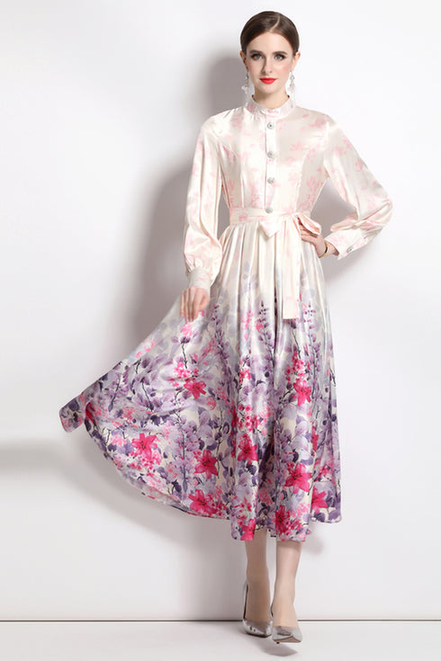 Glamorous Pink Vintage Silk Stand-Up Collar, Long Sleeve, Belted Renaissance Party, Wedding Guest, Festive Dress