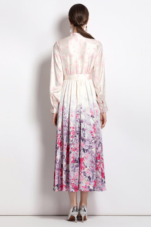 Glamorous Pink Vintage Silk Stand-Up Collar, Long Sleeve, Belted Renaissance Party, Wedding Guest, Festive Dress