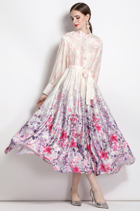 Glamorous Pink Vintage Silk Stand-Up Collar, Long Sleeve, Belted Renaissance Party, Wedding Guest, Festive Dress