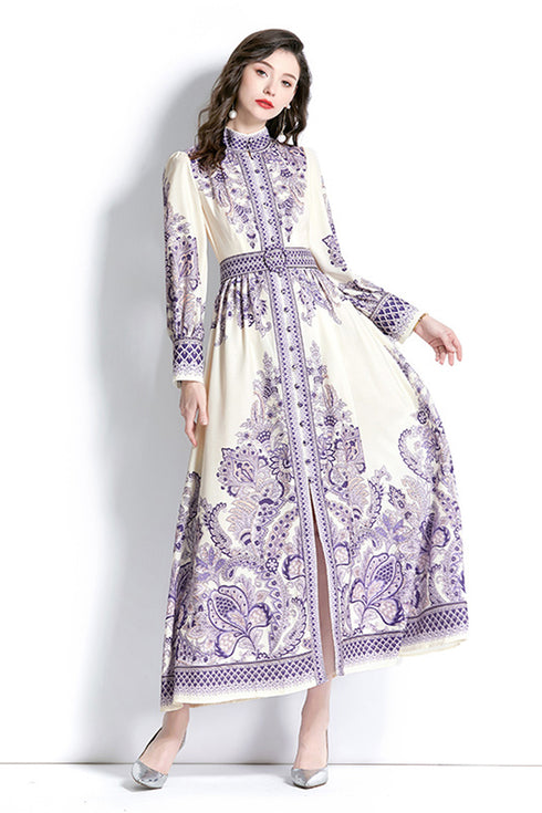 Designer Elegant Paisley Pattern, Lantern Sleeves, Stand Collar, Belted Vintage A-Line Party, Wedding Guest Women Maxi Dress - Lavender