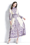 Designer Elegant Paisley Pattern, Lantern Sleeves, Stand Collar, Belted Vintage A-Line Party, Wedding Guest Women Maxi Dress - Lavender