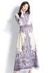 Designer Elegant Paisley Pattern, Lantern Sleeves, Stand Collar, Belted Vintage A-Line Party, Wedding Guest Women Maxi Dress - Lavender