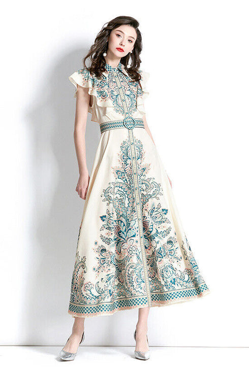 Designer Elegant Paisley Pattern Lantern Sleeves, Stand Collar, Belted Vintage A-Line Party, Wedding Guest Maxi Dress - Turquoise