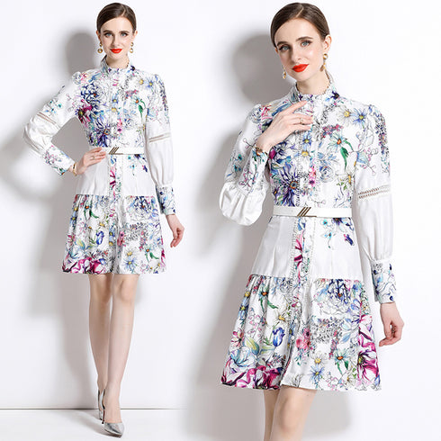 Stunningly Beautiful Autumn Fashion Lace Trim Floral Print Stand Collar, Long Sleeves, Belted A-Line Office, Party, Holiday Dress