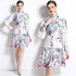 Stunningly Beautiful Autumn Fashion Lace Trim Floral Print Stand Collar, Long Sleeves, Belted A-Line Office, Party, Holiday Dress