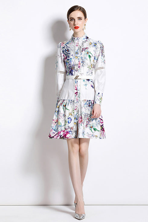 Stunningly Beautiful Autumn Fashion Lace Trim Floral Print Stand Collar, Long Sleeves, Belted A-Line Office, Party, Holiday Dress