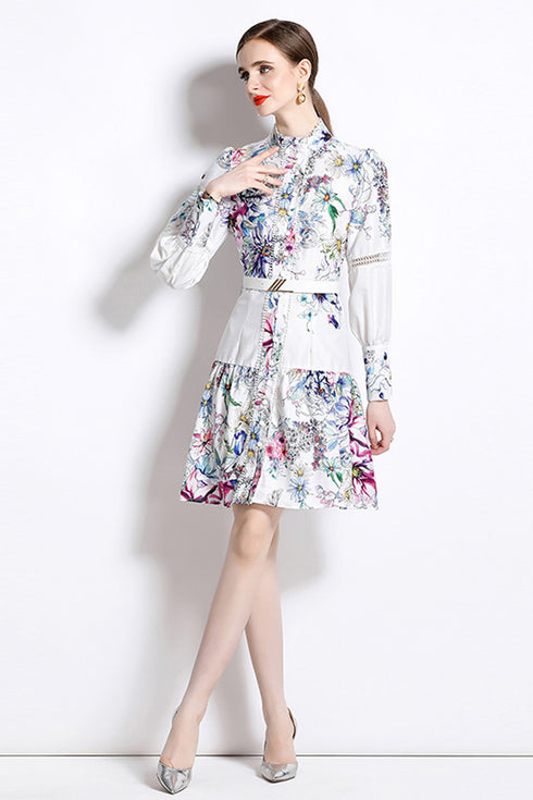 Stunningly Beautiful Autumn Fashion Lace Trim Floral Print Stand Collar, Long Sleeves, Belted A-Line Office, Party, Holiday Dress