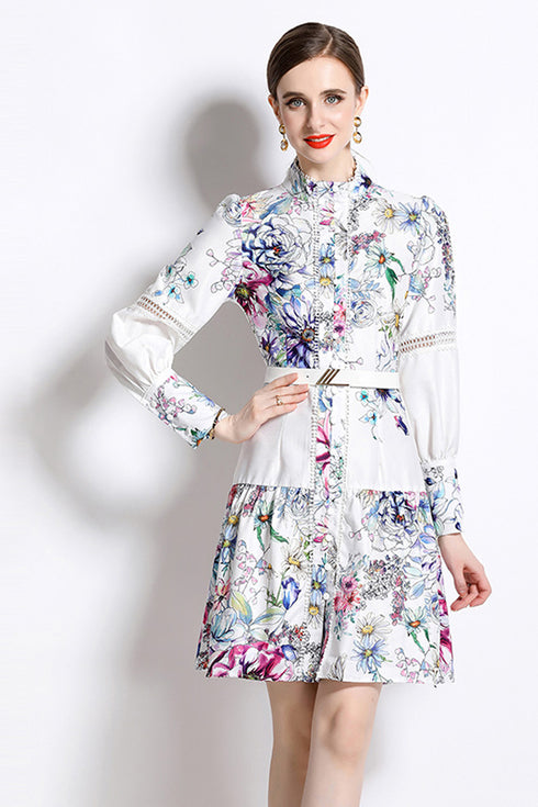 Stunningly Beautiful Autumn Fashion Lace Trim Floral Print Stand Collar, Long Sleeves, Belted A-Line Office, Party, Holiday Dress