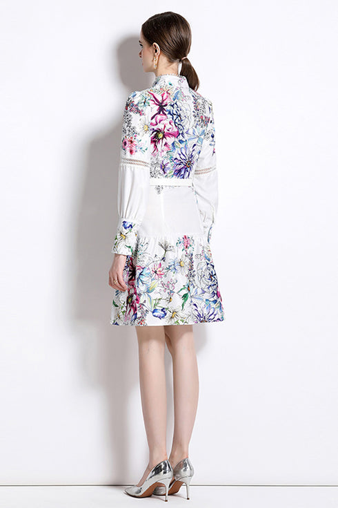 Stunningly Beautiful Autumn Fashion Lace Trim Floral Print Stand Collar, Long Sleeves, Belted A-Line Office, Party, Holiday Dress