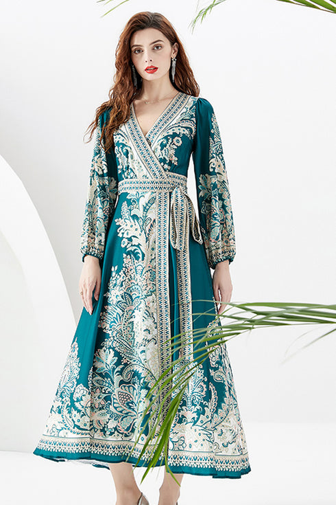 Runway Fashion Radiant Paisley Pattern Maxi Dress, Wrap V-Neck, Long Sleeve, Belted Party, Wedding Guest, Festive Robe