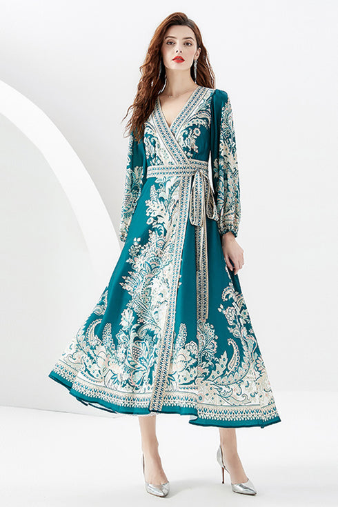 Runway Fashion Radiant Paisley Pattern Maxi Dress, Wrap V-Neck, Long Sleeve, Belted Party, Wedding Guest, Festive Robe