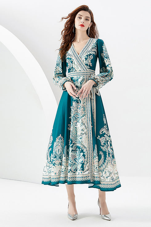 Runway Fashion Radiant Paisley Pattern Maxi Dress, Wrap V-Neck, Long Sleeve, Belted Party, Wedding Guest, Festive Robe