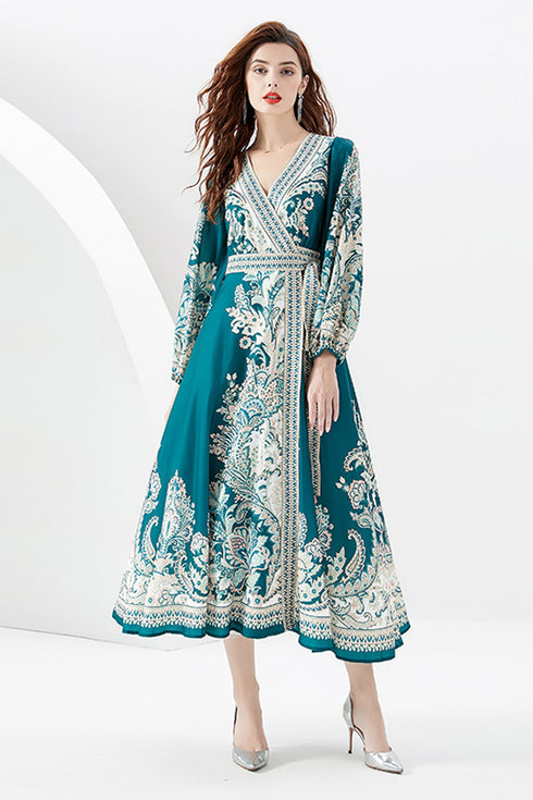 Runway Fashion Radiant Paisley Pattern Maxi Dress, Wrap V-Neck, Long Sleeve, Belted Party, Wedding Guest, Festive Robe