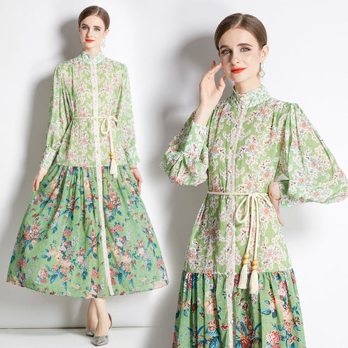 Alluring & Mesmerizing Floral Print Flowy Hem with Stand-Up Collar, Women Long Maxi Dress - Mint