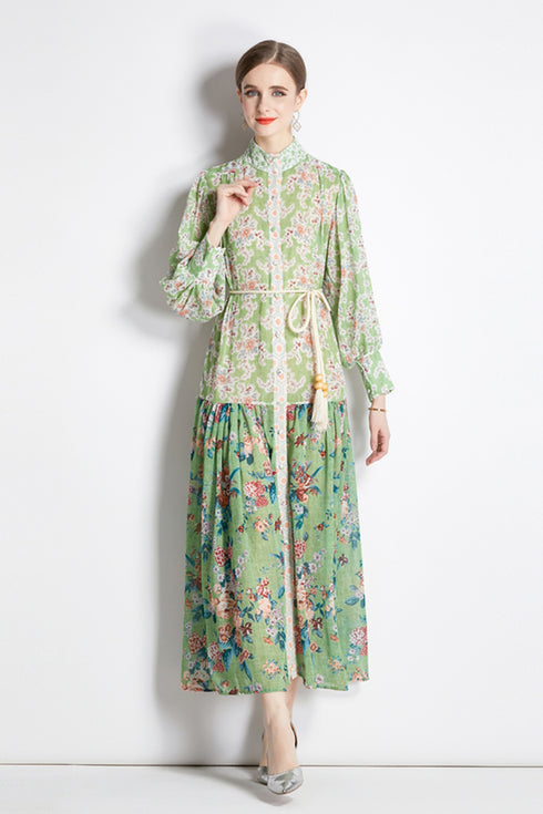 Alluring & Mesmerizing Floral Print Flowy Hem with Stand-Up Collar, Women Long Maxi Dress - Mint